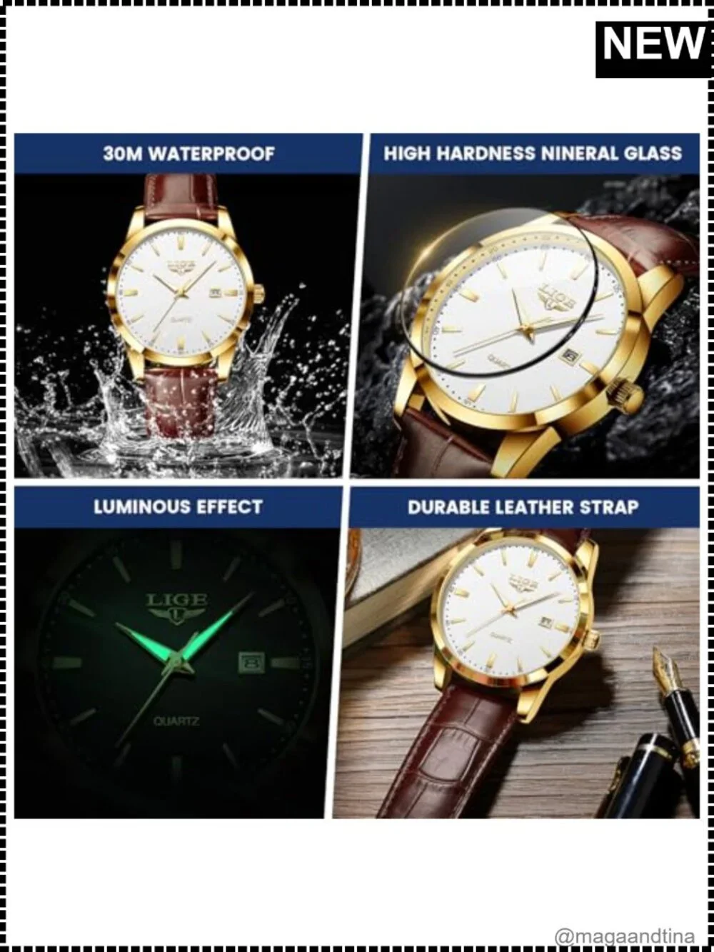 Men's Waterproof Analog Dress Watch Leather Stainless Steel Quartz